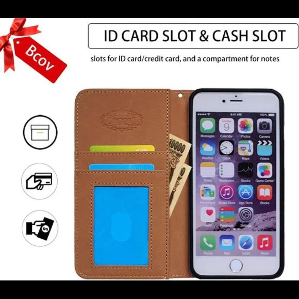 For iPhone 11 Case, White Ear Cat Black Card Slot Wallet Leather